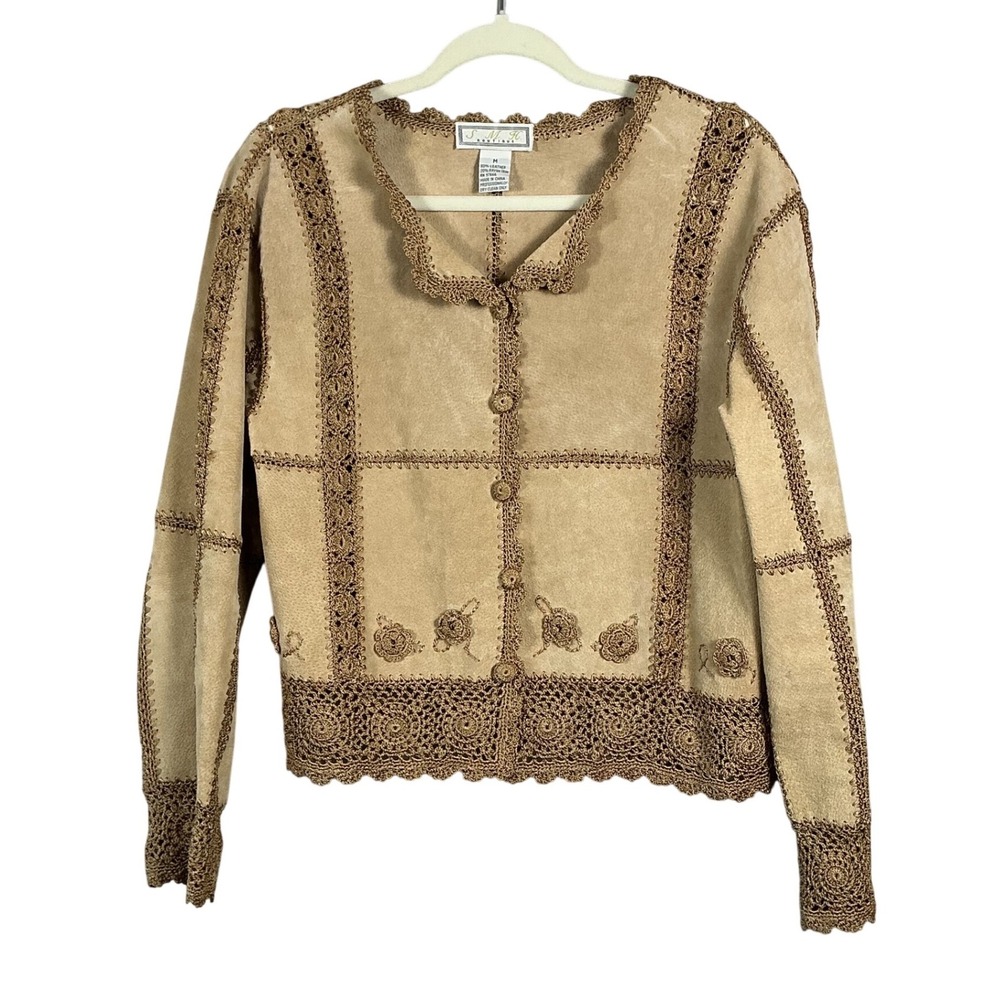 SMH Boutique Tan Suede Leather Crochet Trim Floral Embroidered Jacket Cardigan M